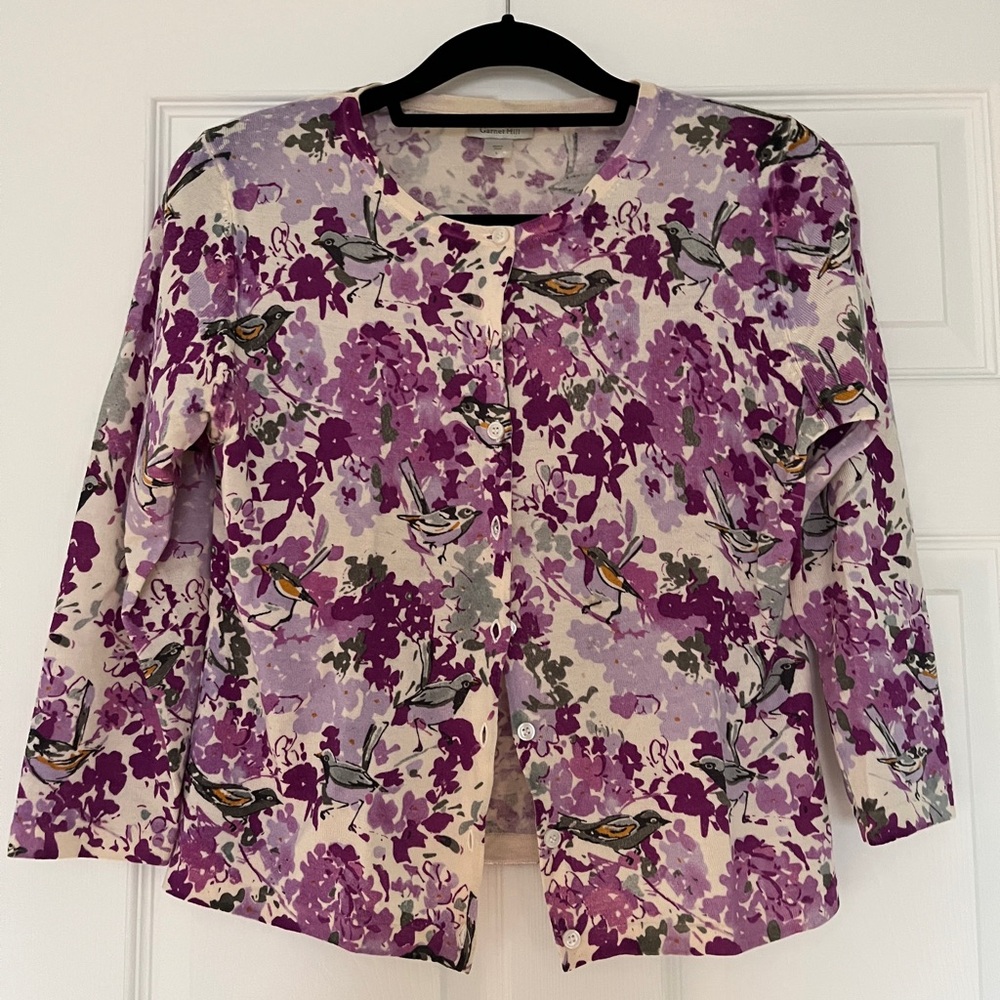 Garnet Hill Purple Floral Women's merino printed collectible cardigan